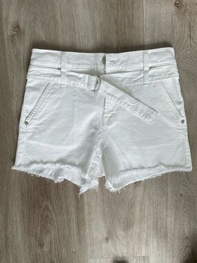 7 For All Mankind White Frayed Hem Belted Denim Shorts